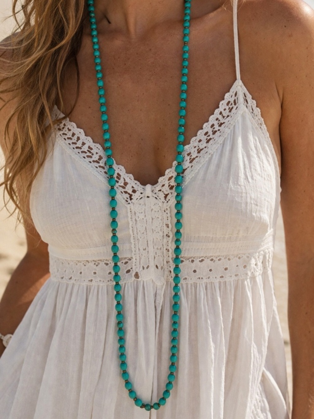 Vintage Turquoise Flapper Length Beaded Necklace